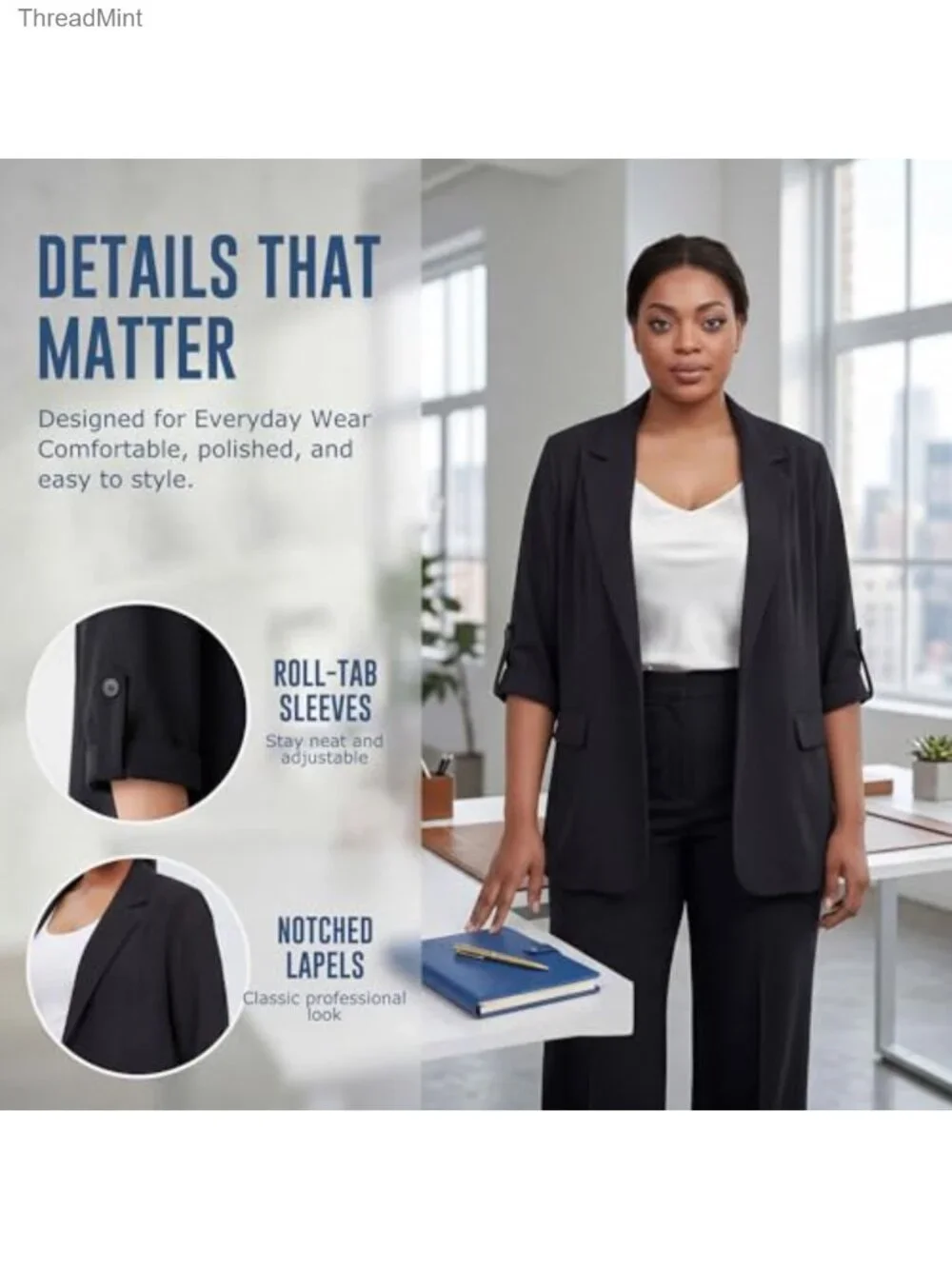 Plus Size Relaxed Fit Blazer with Ruched 3/4 Sleeves